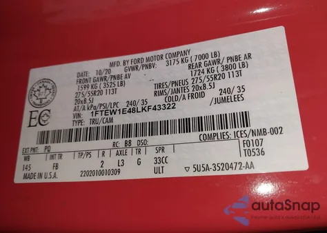 2020 Ford F-150 Xlt from USA, damaged, VIN 1FTEW1E48LKF43322